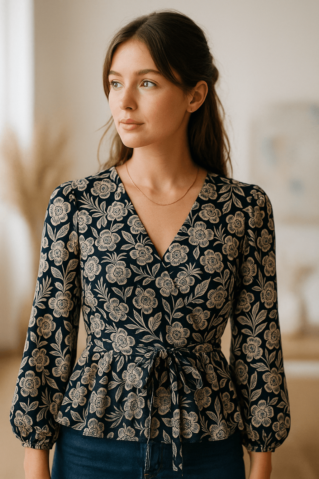 Tissu crêpe de viscose fond marine imprimé fleurs blanc cassé | Cameo Botanique - Dernier Coupon de 2,5m