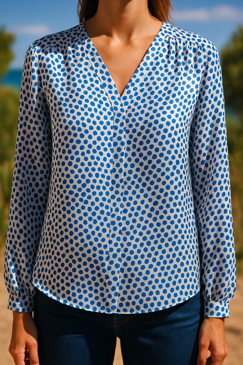 Viscose satin fabric, white background, blue polka dot print | Éclats d'Opale