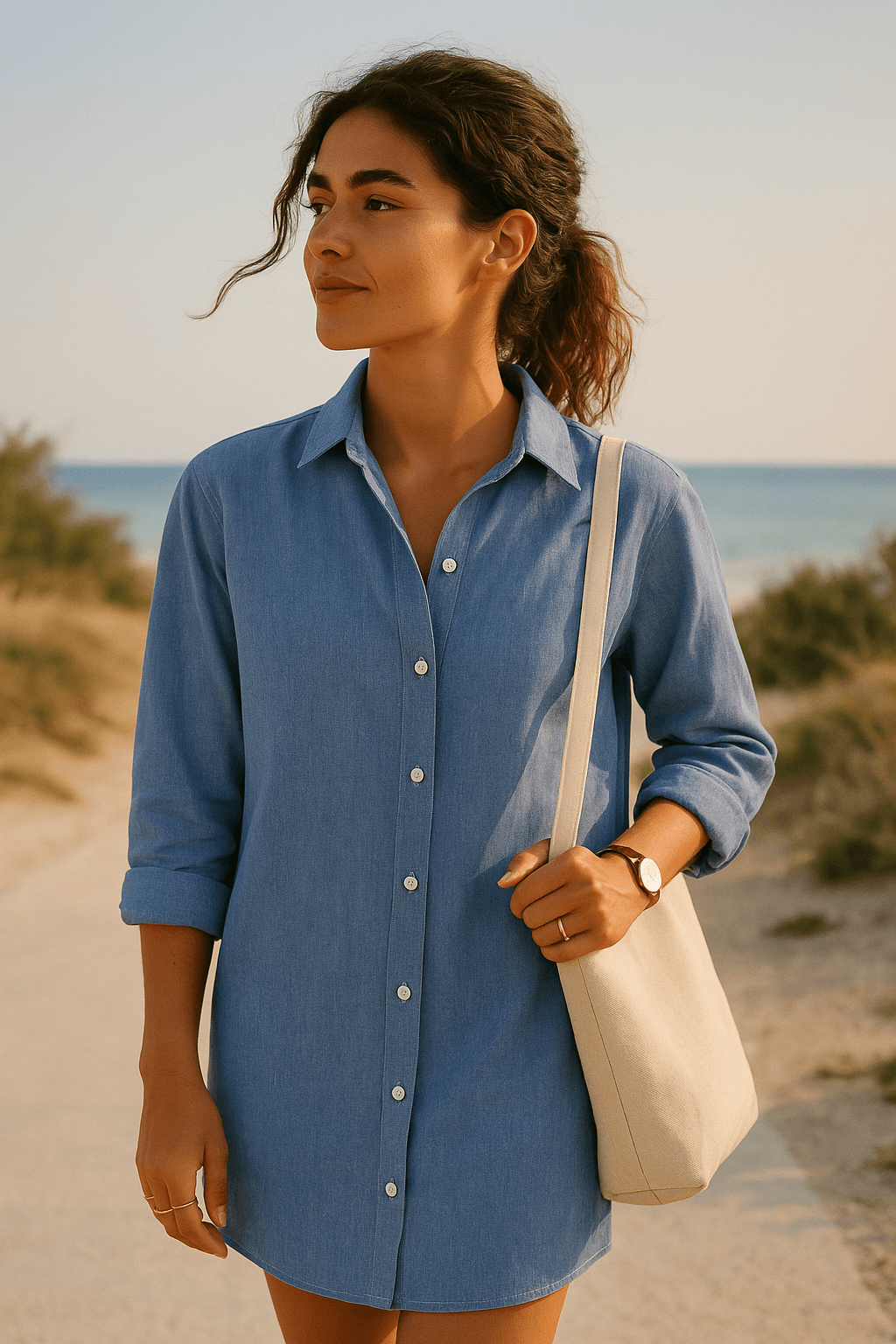 Blue heather chambray style cotton fabric