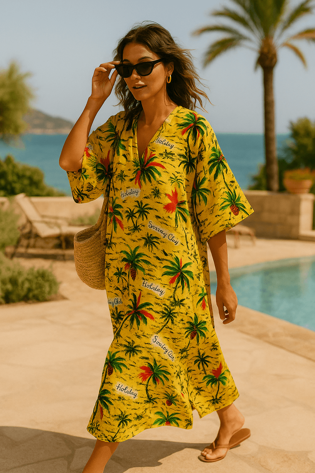 Yellow silk pongee fabric with palm tree print | Cartoline di Settembre