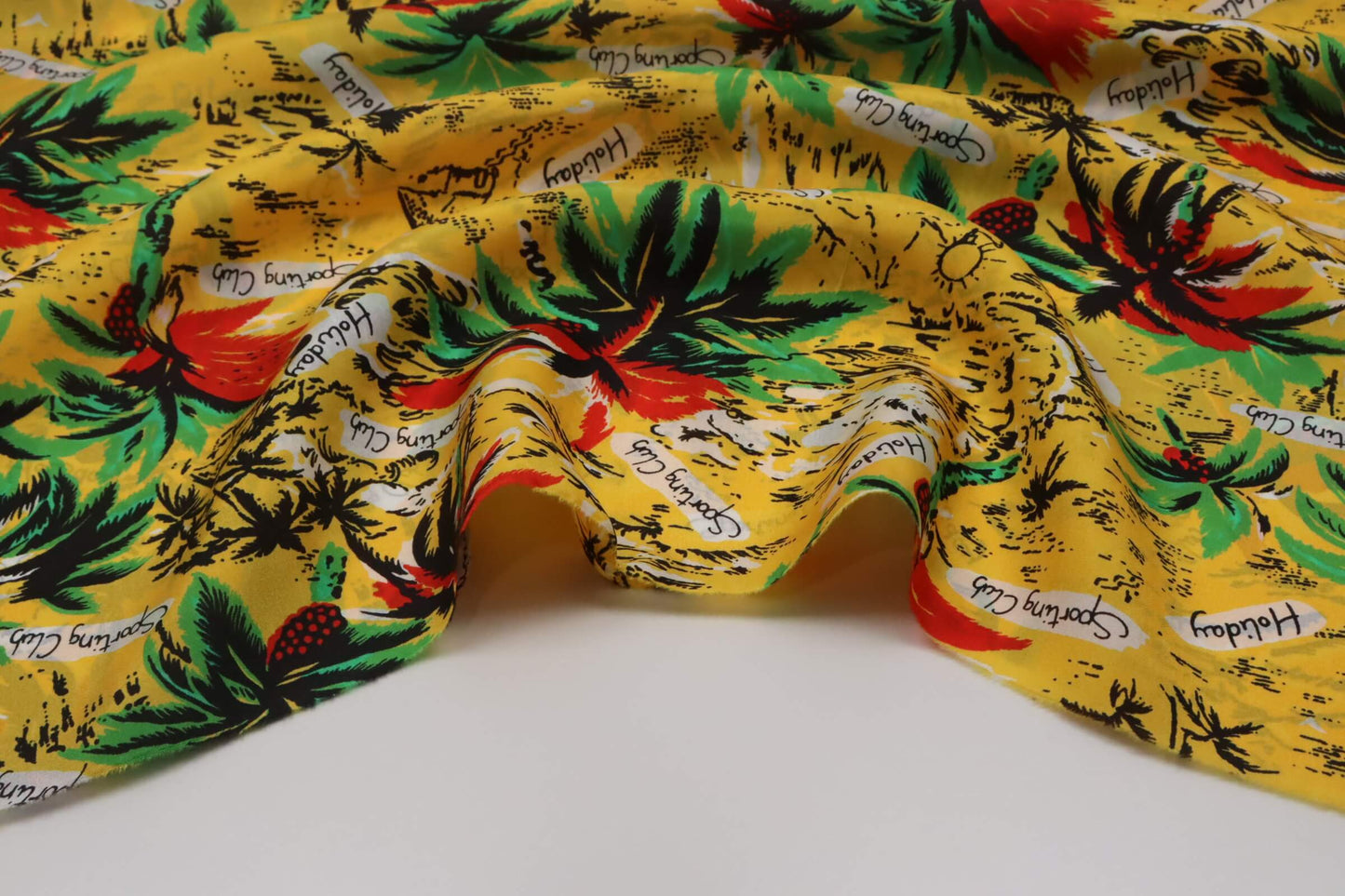 Yellow silk pongee fabric with palm tree print | Cartoline di Settembre