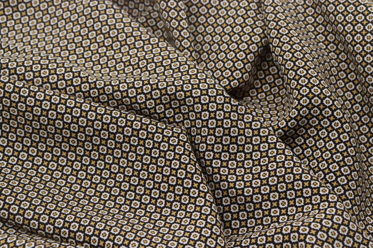Midnight blue and beige geometric print viscose fabric | Babylon Weft