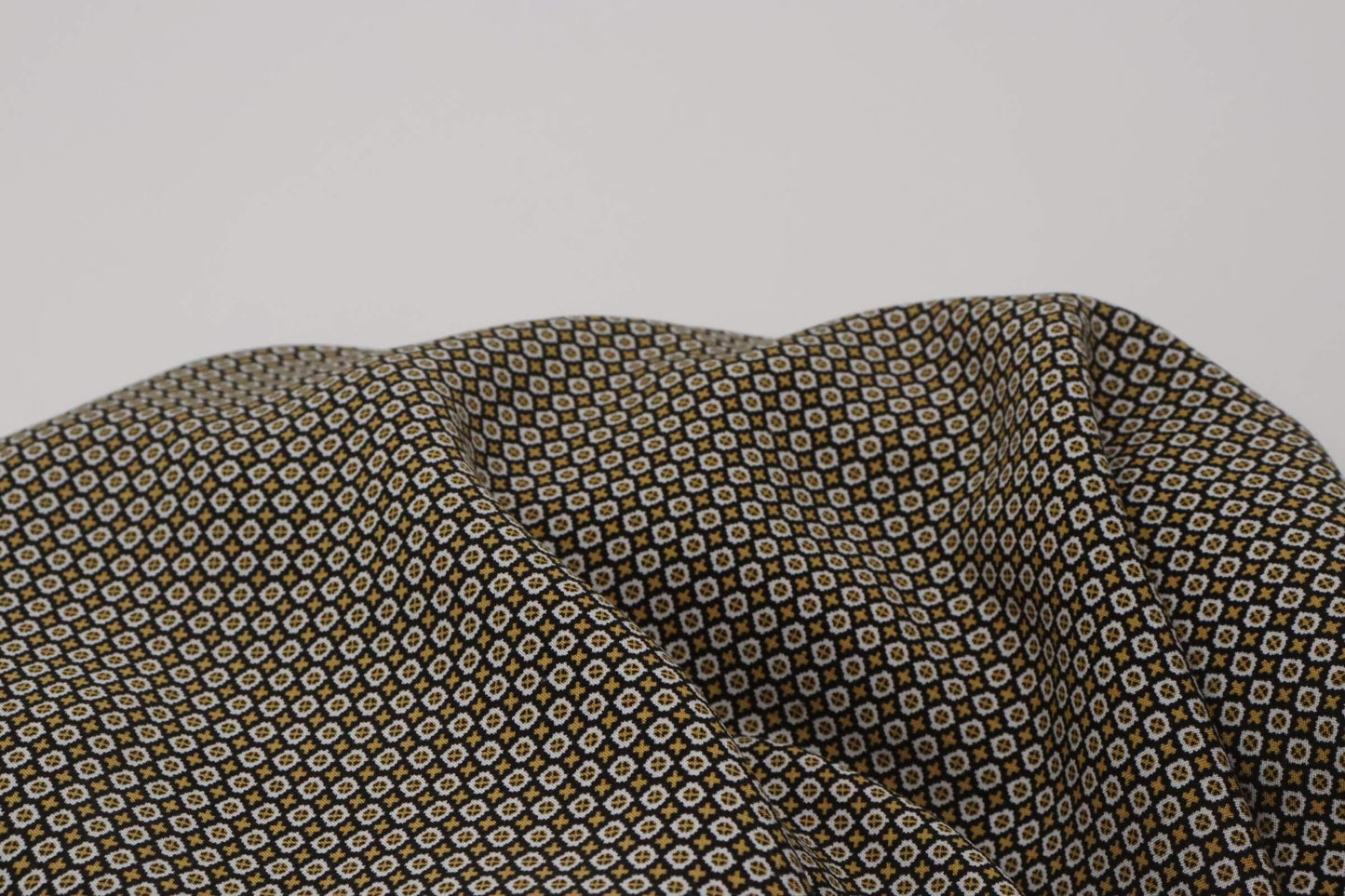 Midnight blue and beige geometric print viscose fabric | Babylon Weft