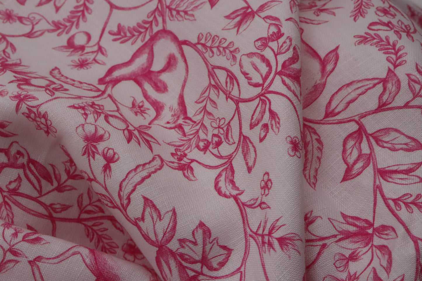 Tissu lin toile de jouy fuchsia imprimé | Forêt de Diane