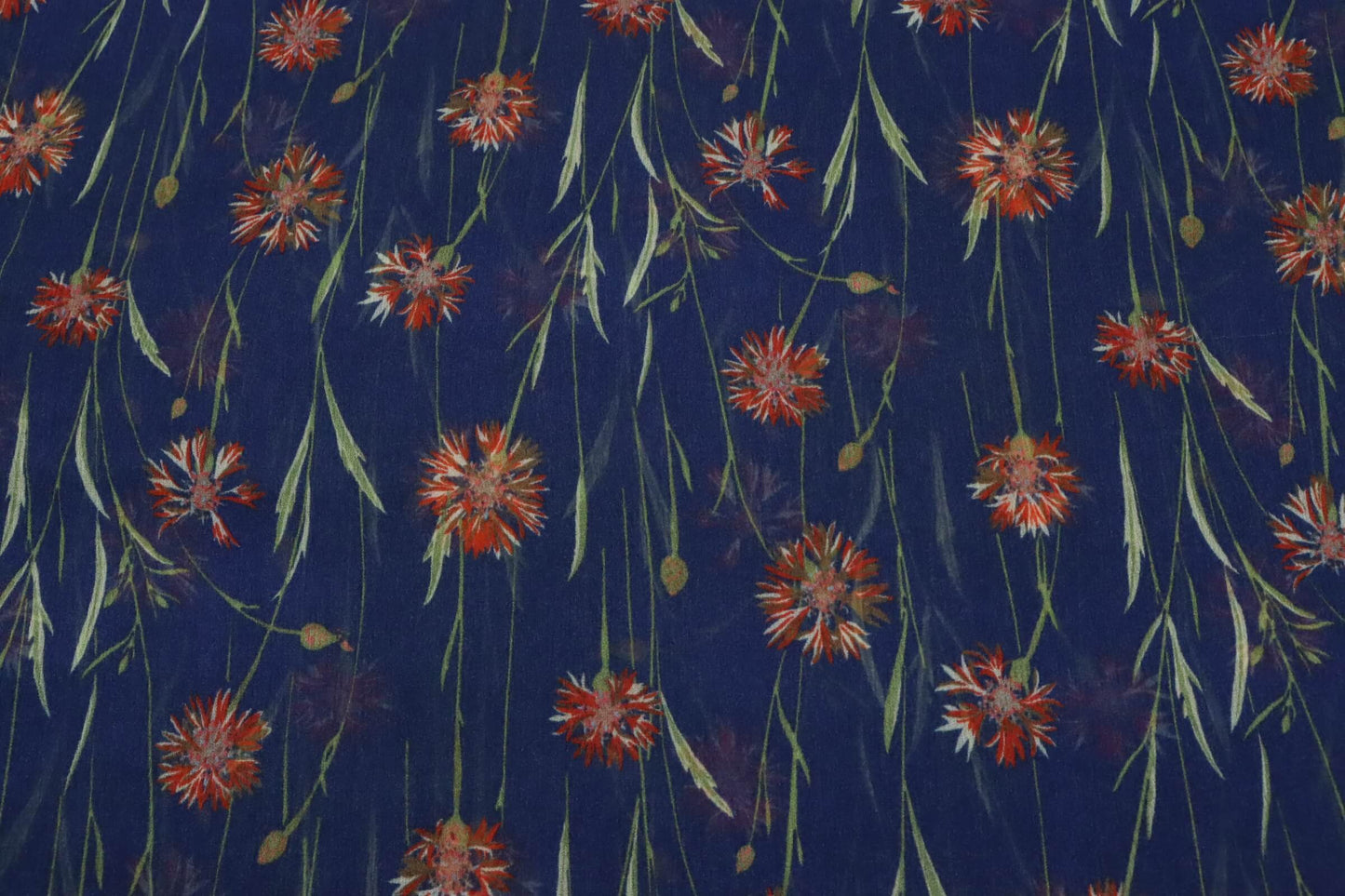 Tissu voile de crêpe viscose fond bleu imprimé fleurs | Petite Prairie