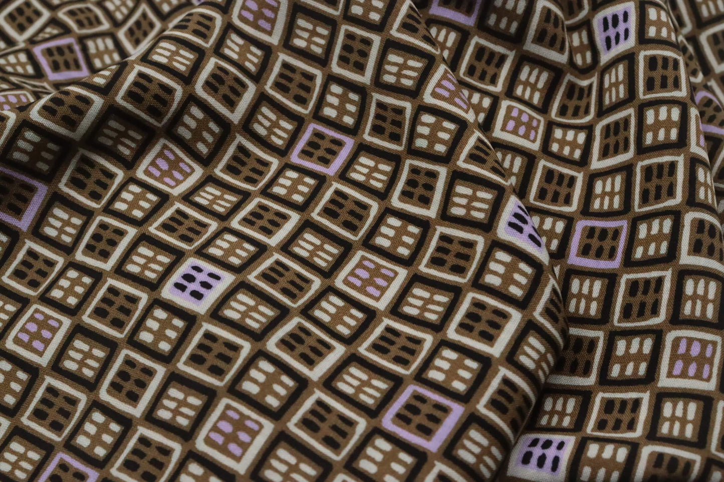Tissu viscose graphique kaki/marron et mauve | Carré Persan - Coupon de 2 mètres