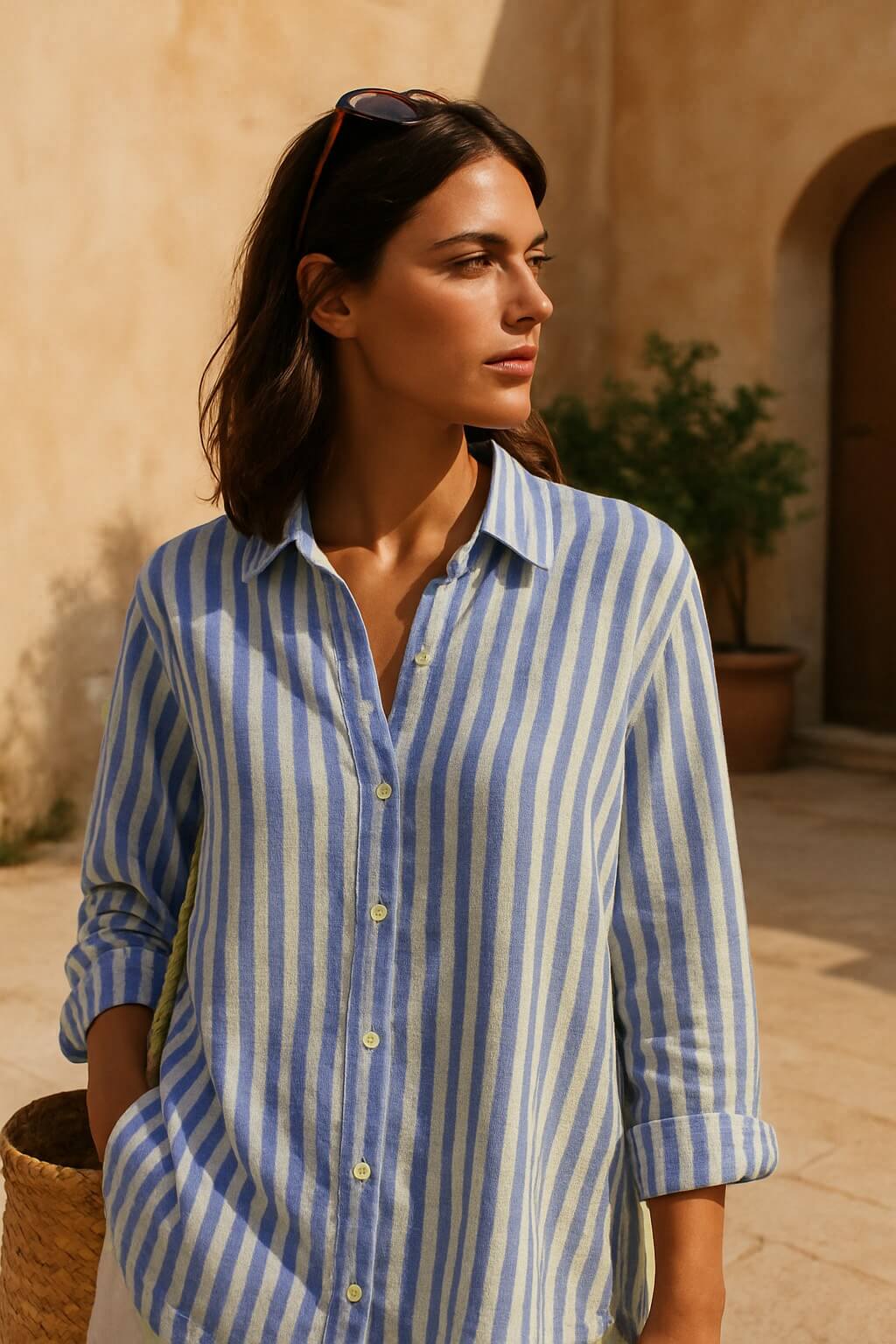 100% Linen Fabric with Blue Stripes | Sky Foam - Last 1.4 Meter Coupon
