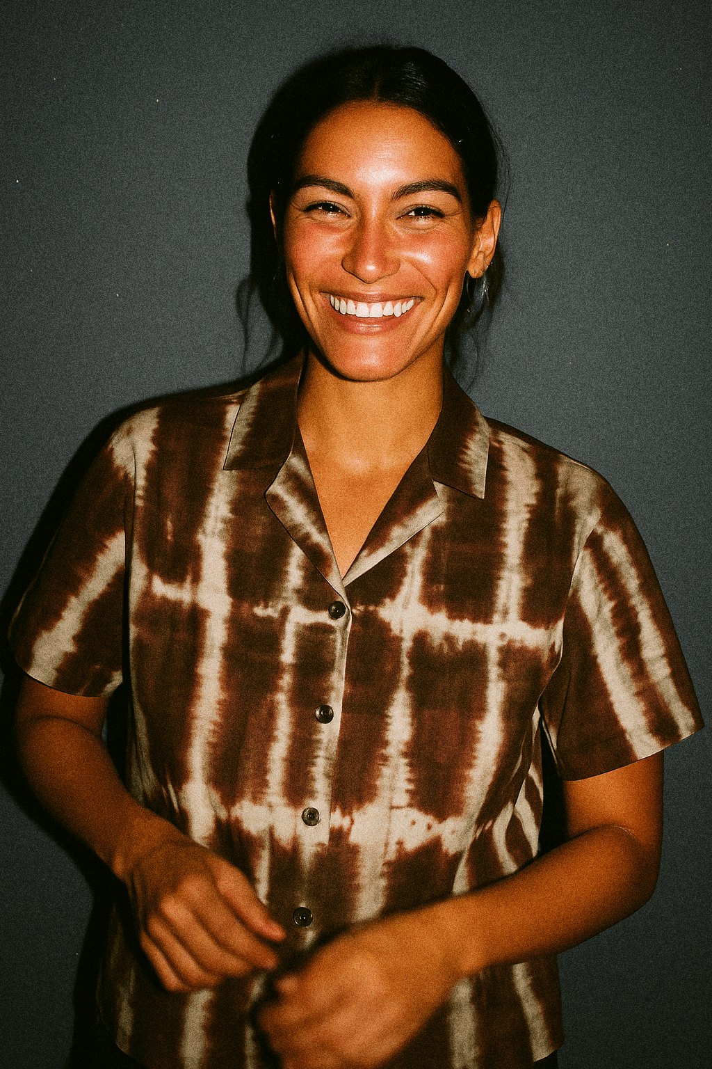 Brown-green-beige tie-dye printed cotton poplin fabric | Vertige Minéral