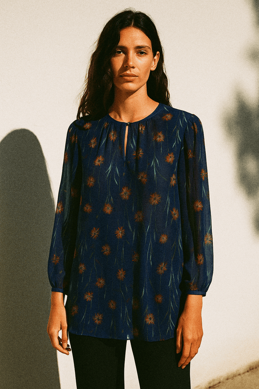 Tissu voile de crêpe viscose fond bleu imprimé fleurs | Petite Prairie