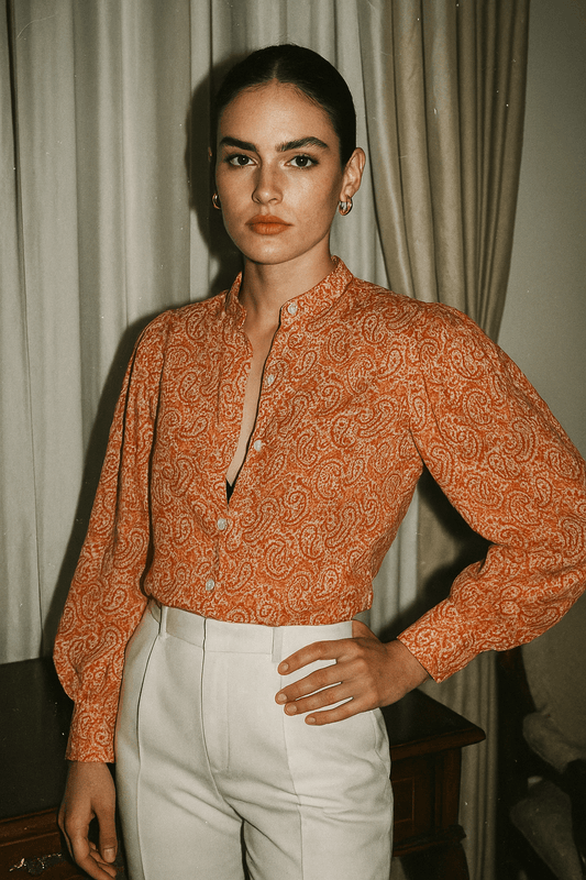 Cotton and silk fabric | Orange paisley pattern