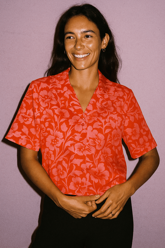 Tissu twill de polyester recyclé à fleurs rose orangé | Rosa Spinta