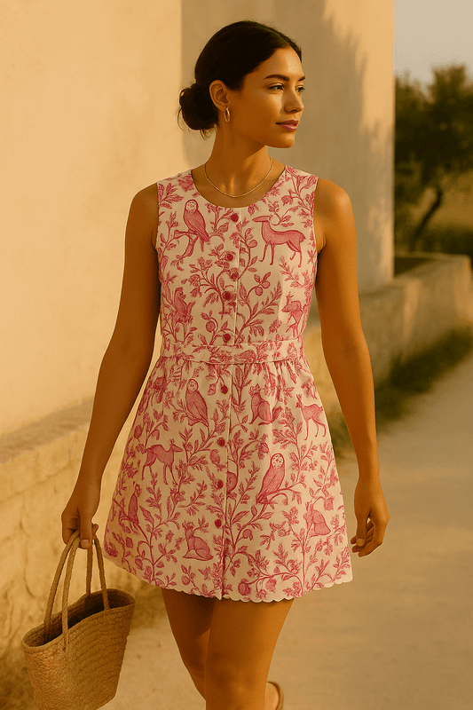 Tissu lin toile de jouy fuchsia imprimé | Forêt de Diane