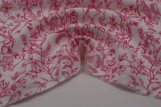 Tissu lin toile de jouy fuchsia imprimé animaux