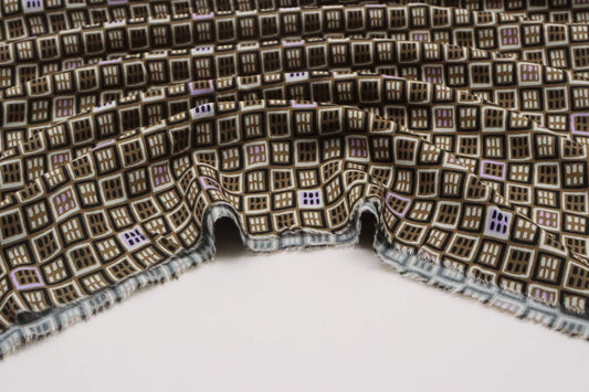 Tissu viscose graphique kaki/marron et mauve | Carré Persan - Coupon de 2 mètres