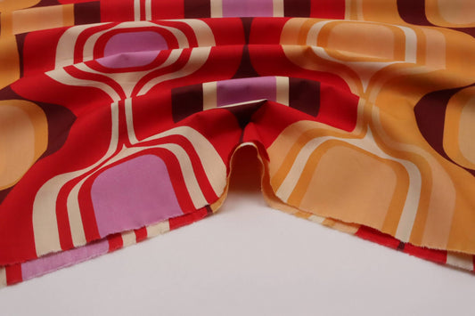 Tissu popeline de coton vintage rouge, mauve & jaune | Pop Mod