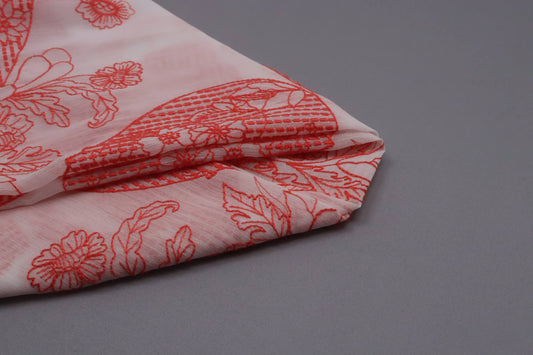 Tissu polyester blanc broderie cachemire rouge