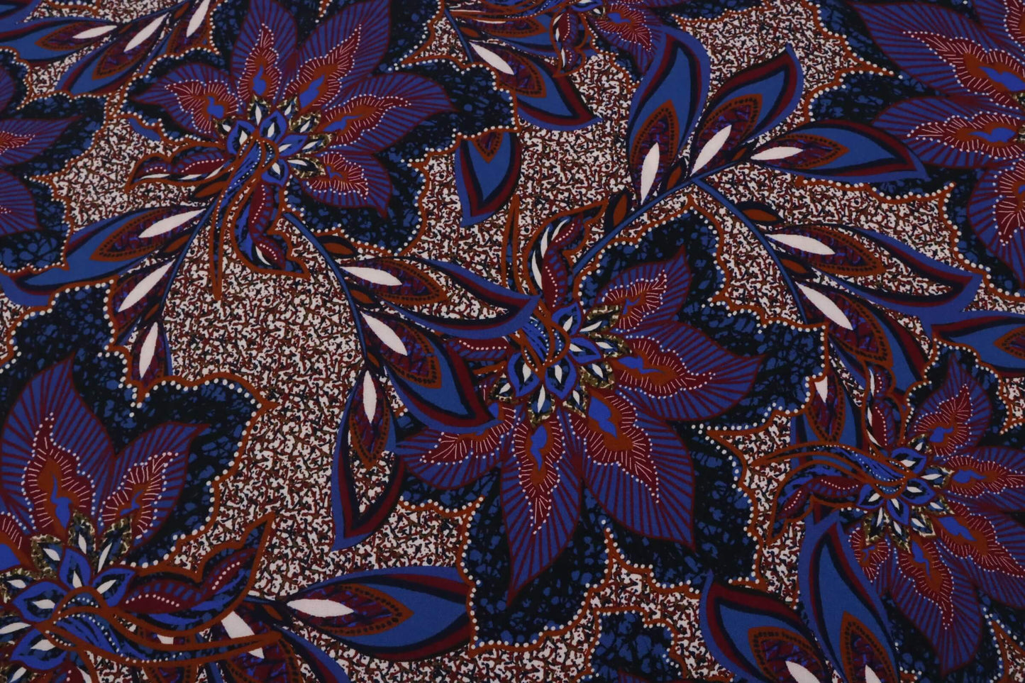Blue, brick and ivory graphic floral print viscose fabric | Bahia