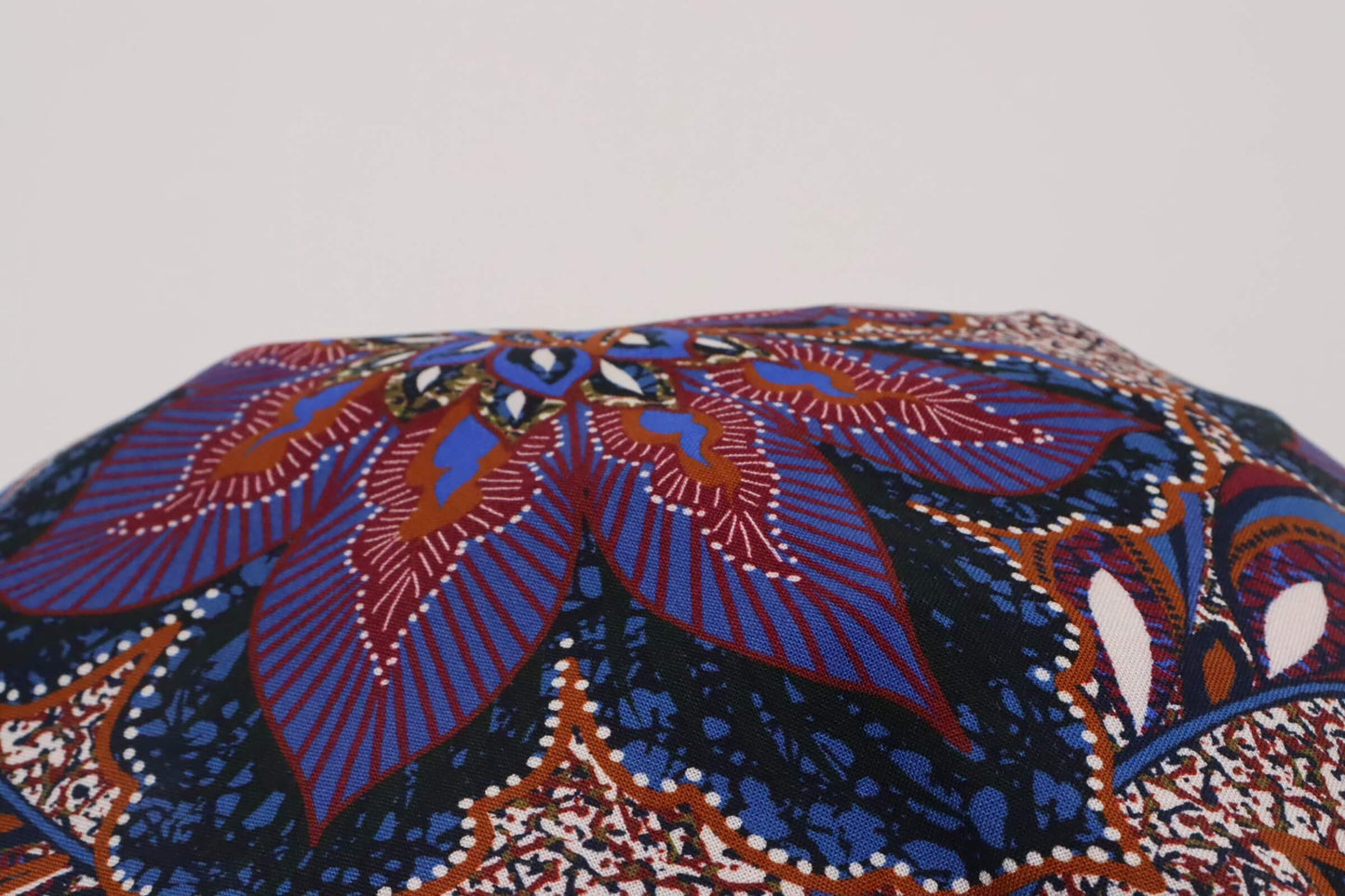 Blue, brick and ivory graphic floral print viscose fabric | Bahia