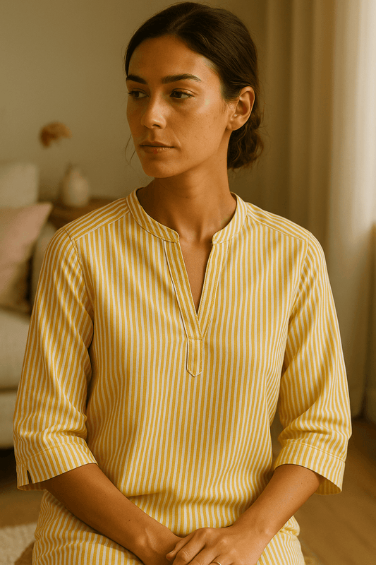 Tissu popeline de coton tissé-teint à rayures jaunes | Rayon de Mai