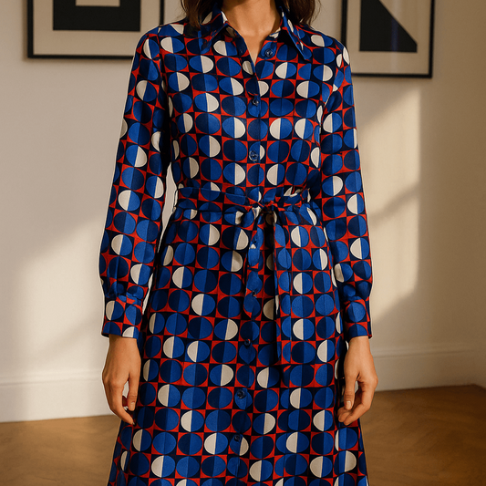 Tissu satin de viscose imprimé graphique | Bleu Cadence