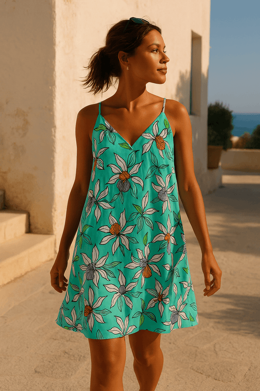 Türkisfarbener Polyester-Krêpe-Stoff mit Blumendruck | Maui-Küste