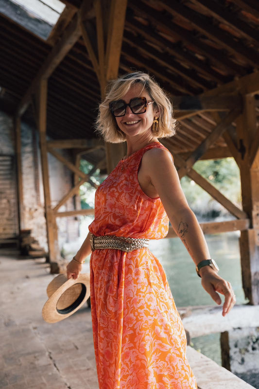 Tissu twill de polyester recyclé à fleurs rose orangé | Rosa Spinta