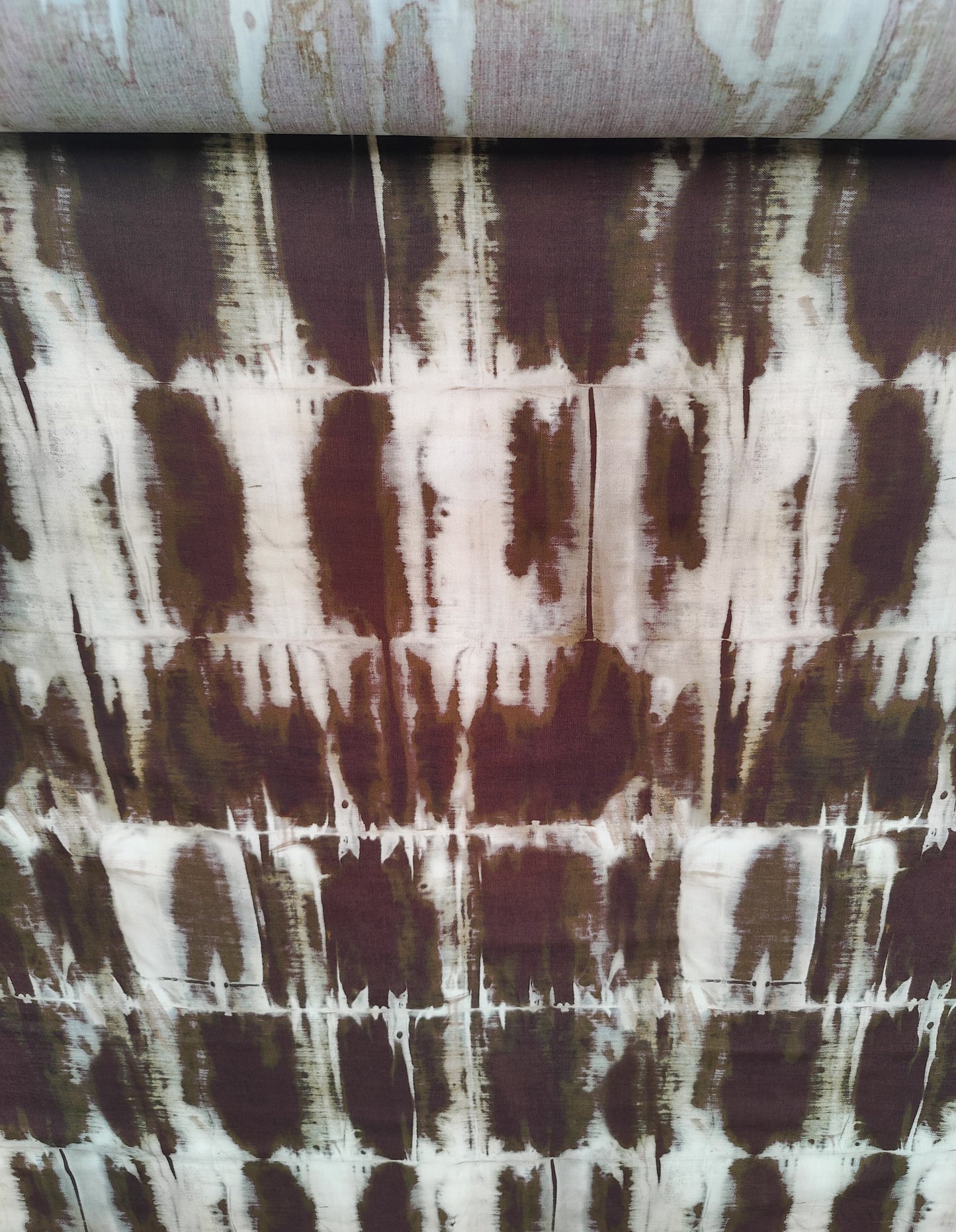 Brown-green-beige tie-dye printed cotton poplin fabric | Vertige Minéral