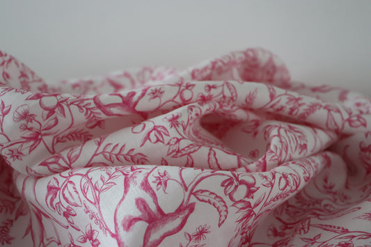 Tissu lin toile de jouy | Blanc et rose